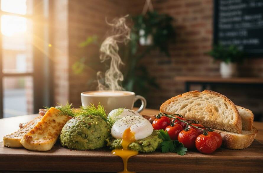 A dramatically lit, close-up shot of a perfectly plated avocado toast with poached eggs and chilli flakes, steam subtly rising, on a rustic wooden table inside a bustling Surrey Hills cafe, showcasing the expertise of Surrey Hills vibrant cafe food photography experts.