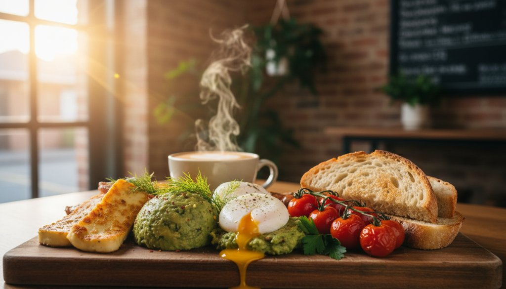 A dramatically lit, close-up shot of a perfectly plated avocado toast with poached eggs and chilli flakes, steam subtly rising, on a rustic wooden table inside a bustling Surrey Hills cafe, showcasing the expertise of Surrey Hills vibrant cafe food photography experts.