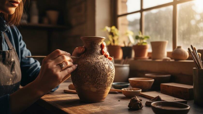 Dramatic close-up of a meticulously crafted ceramic bowl, bathed in warm, directional light, showcasing its intricate texture and glaze, set against a blurred, elegant Surrey Hills artisan workshop background, embodying Surrey Hills Victoria bespoke artisan product photography.