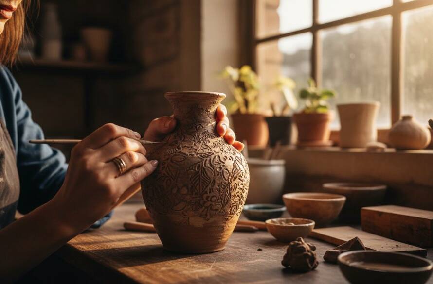 Dramatic close-up of a meticulously crafted ceramic bowl, bathed in warm, directional light, showcasing its intricate texture and glaze, set against a blurred, elegant Surrey Hills artisan workshop background, embodying Surrey Hills Victoria bespoke artisan product photography.