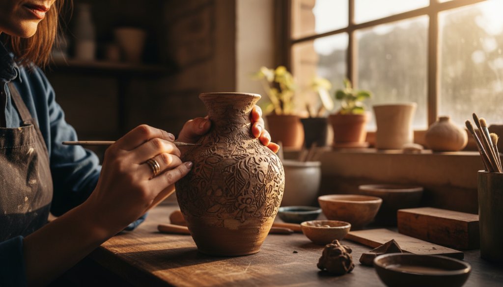 Dramatic close-up of a meticulously crafted ceramic bowl, bathed in warm, directional light, showcasing its intricate texture and glaze, set against a blurred, elegant Surrey Hills artisan workshop background, embodying Surrey Hills Victoria bespoke artisan product photography.