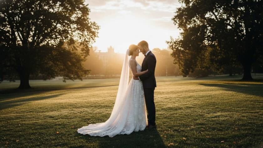 Surrey Hills Wedding Photography Capturing Genuine Moments: A couple shares a tender, genuine moment during their wedding ceremony amidst the lush, historic gardens of Surrey Hills, with soft, dramatic evening light filtering through the trees, creating a cinematic and emotional 'epic moment'.