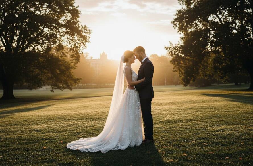Surrey Hills Wedding Photography Capturing Genuine Moments: A couple shares a tender, genuine moment during their wedding ceremony amidst the lush, historic gardens of Surrey Hills, with soft, dramatic evening light filtering through the trees, creating a cinematic and emotional 'epic moment'.