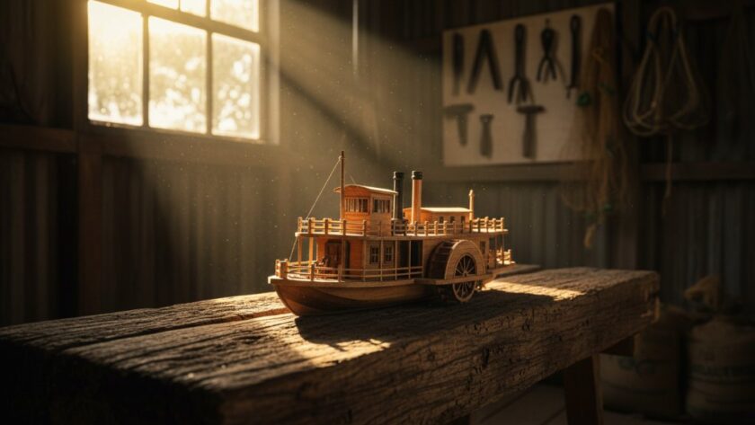 A dramatic close-up of a meticulously handcrafted wooden carving, possibly a miniature Murray River Paddle Steamer, bathed in a golden shaft of sunlight within a rustic Swan Hill artisan's workshop, emphasizing intricate details for Swan Hill artisan product photography for local makers.