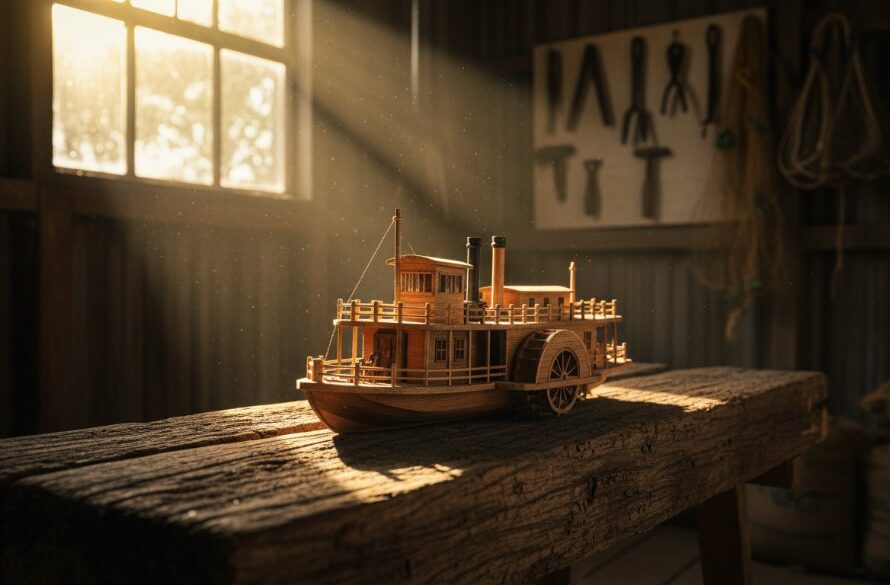 A dramatic close-up of a meticulously handcrafted wooden carving, possibly a miniature Murray River Paddle Steamer, bathed in a golden shaft of sunlight within a rustic Swan Hill artisan's workshop, emphasizing intricate details for Swan Hill artisan product photography for local makers.