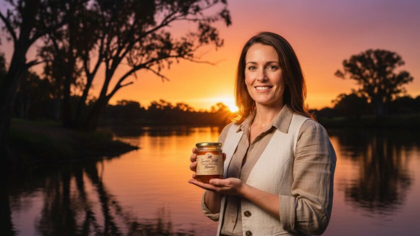 An epic, dramatically lit photograph showcasing a Swan Hill business impactful advertising photography shot: a local artisan proudly presenting their handcrafted product on the banks of the Murray River at sunset, capturing the essence of local craftsmanship and natural beauty.
