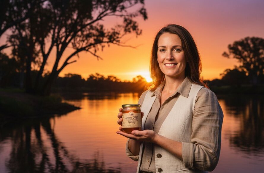 An epic, dramatically lit photograph showcasing a Swan Hill business impactful advertising photography shot: a local artisan proudly presenting their handcrafted product on the banks of the Murray River at sunset, capturing the essence of local craftsmanship and natural beauty.
