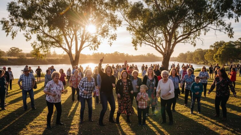 An epic moment of joyful celebration at a Swan Hill community event, featuring vibrant colours and genuine smiles captured through expert Swan Hill community event photography storytelling, with dramatic natural lighting casting a warm glow on participants gathered near the Murray River.
