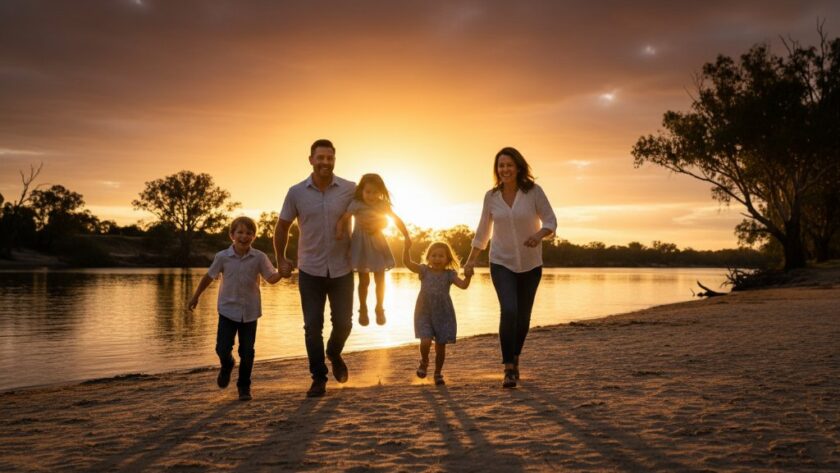 An epic moment of a Swan Hill family photo session real connections, featuring a family laughing joyfully by the Murray River at sunset, dramatic golden light, professional photography.
