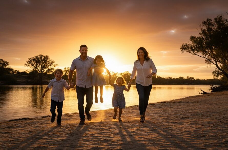 An epic moment of a Swan Hill family photo session real connections, featuring a family laughing joyfully by the Murray River at sunset, dramatic golden light, professional photography.