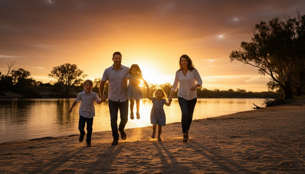 An epic moment of a Swan Hill family photo session real connections, featuring a family laughing joyfully by the Murray River at sunset, dramatic golden light, professional photography.