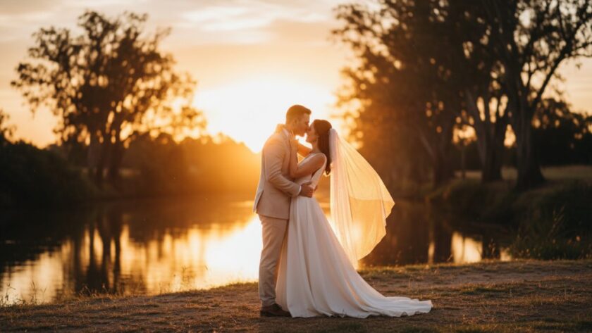 A newlywed couple shares an intimate, joyful moment on the serene banks of the Murray River at sunset, beautifully captured as part of their Swan Hill Iconic Riverside Wedding Photography, with golden light reflecting off the water.