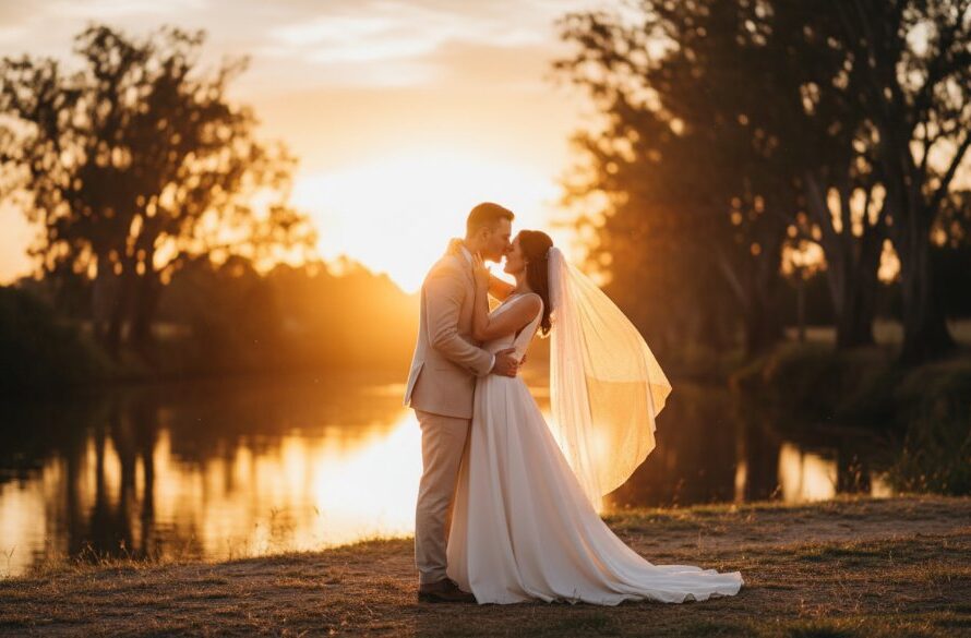 A newlywed couple shares an intimate, joyful moment on the serene banks of the Murray River at sunset, beautifully captured as part of their Swan Hill Iconic Riverside Wedding Photography, with golden light reflecting off the water.