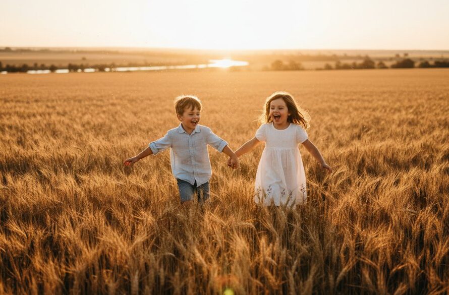 An joyful wide shot depicting Swan Hill kids photography capturing genuine childhood joy, featuring two siblings laughing freely as they run through golden wheat fields near the Murray River at sunset, dramatic backlighting highlighting their movement and playful spirits, with warm, cinematic colour grading.