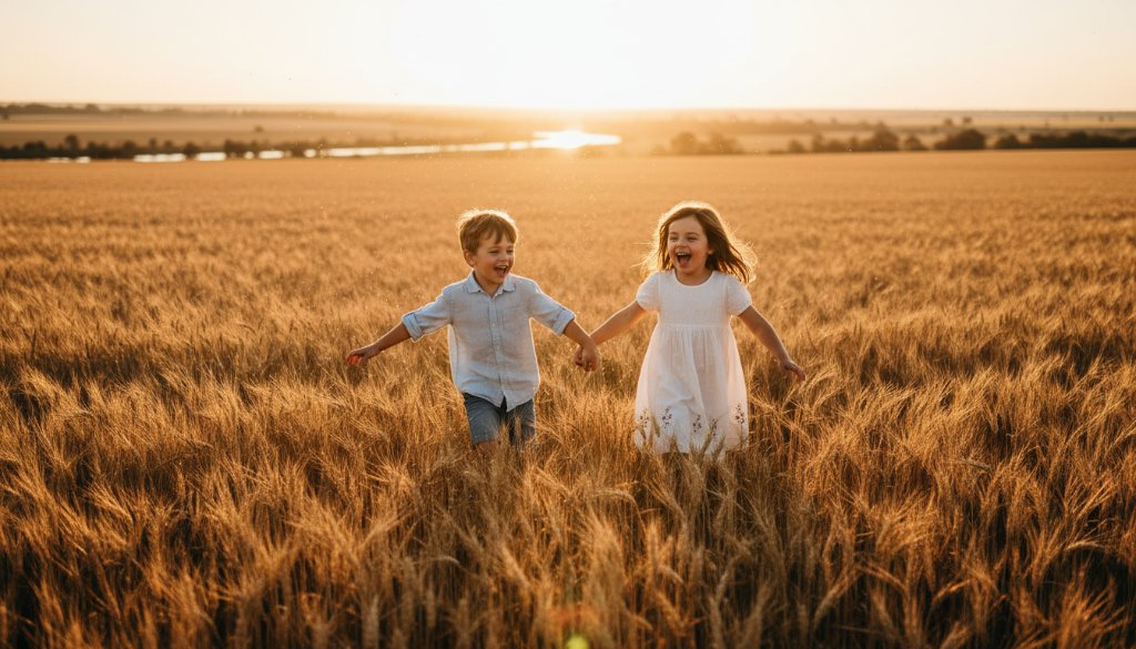 An joyful wide shot depicting Swan Hill kids photography capturing genuine childhood joy, featuring two siblings laughing freely as they run through golden wheat fields near the Murray River at sunset, dramatic backlighting highlighting their movement and playful spirits, with warm, cinematic colour grading.