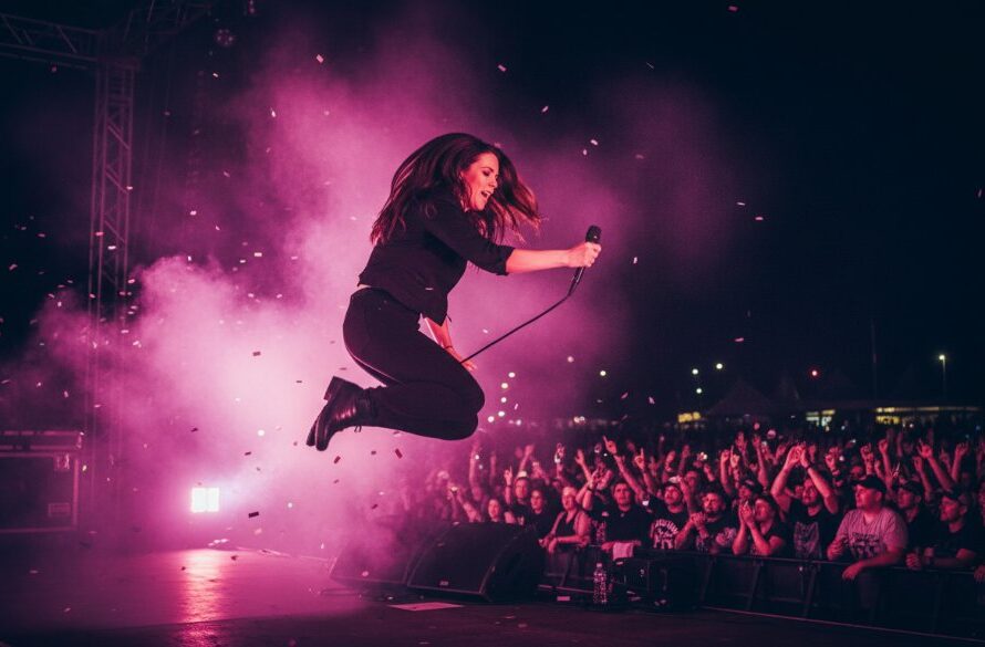 Dynamic, wide-angle shot showcasing Swan Hill live music photography capturing emotion, with a lead vocalist mid-jump on stage, backlighting creating a dramatic silhouette against a cheering crowd, professional concert lighting, rich colour palette.