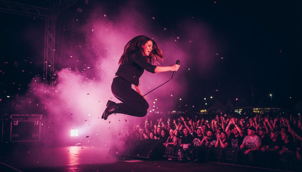 Dynamic, wide-angle shot showcasing Swan Hill live music photography capturing emotion, with a lead vocalist mid-jump on stage, backlighting creating a dramatic silhouette against a cheering crowd, professional concert lighting, rich colour palette.