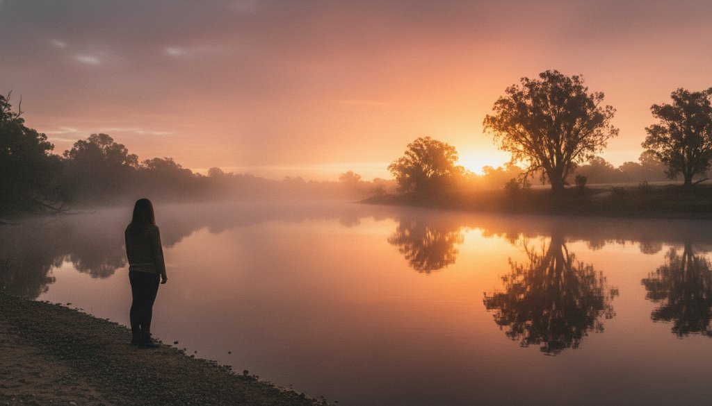 A breathtaking high-angle wide shot showcasing Swan Hill Murray River fine art portraiture, featuring a solitary figure silhouetted against a golden sunrise over the majestic riverbend, evoking a sense of calm and deep introspection, professionally color-graded.