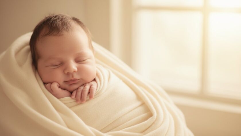 A serene, close-up, dramatic portrait of a newborn baby swaddled in soft, textured fabric, gently held in a parent's hands, with the golden hour light of a Swan Hill sunset filtering through a window, creating Swan Hill newborn photography timeless memories, professionally colour-graded and cinematic.
