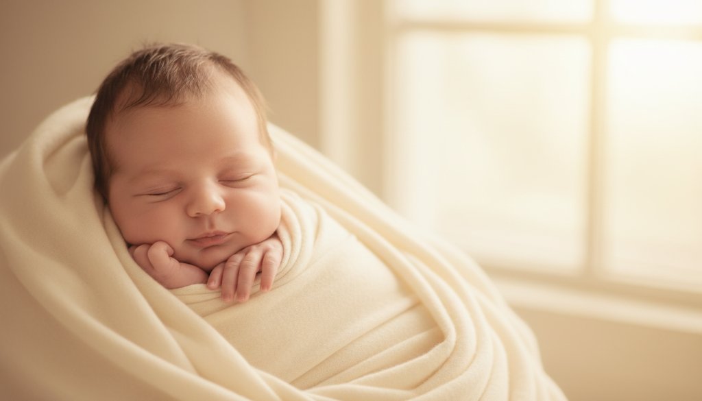 A serene, close-up, dramatic portrait of a newborn baby swaddled in soft, textured fabric, gently held in a parent's hands, with the golden hour light of a Swan Hill sunset filtering through a window, creating Swan Hill newborn photography timeless memories, professionally colour-graded and cinematic.