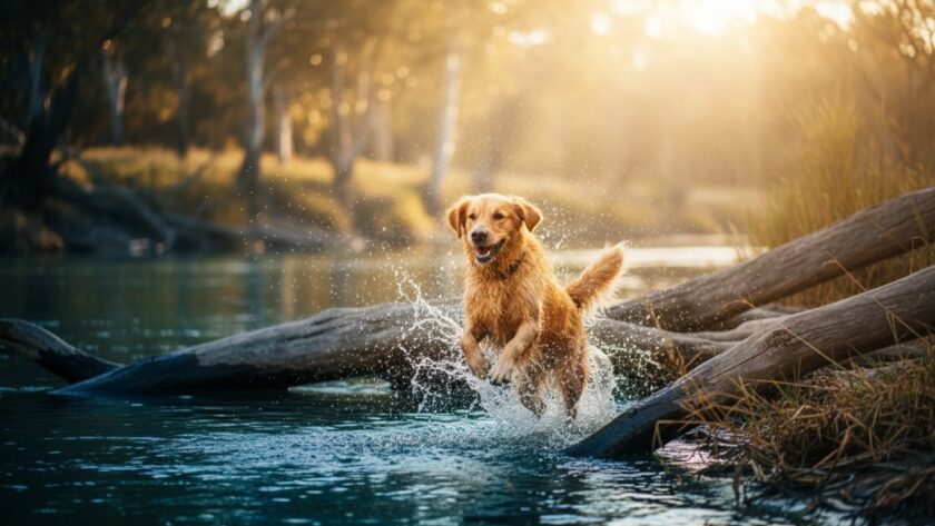 An adventurous golden retriever, mid-leap over a fallen log near the Murray River, captured by Swan Hill pet photography capturing happy furry friends, showcasing pure joy and energy at golden hour.