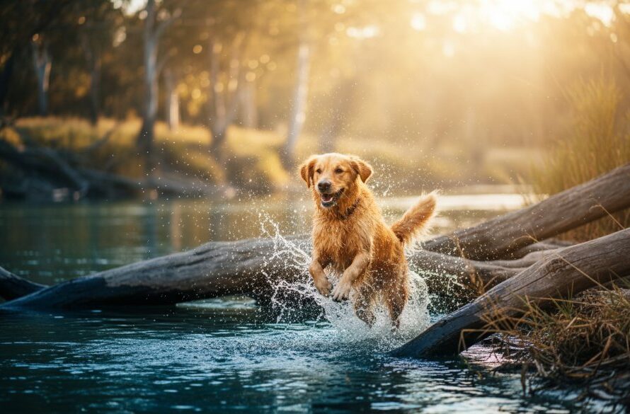 An adventurous golden retriever, mid-leap over a fallen log near the Murray River, captured by Swan Hill pet photography capturing happy furry friends, showcasing pure joy and energy at golden hour.