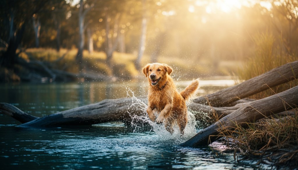 An adventurous golden retriever, mid-leap over a fallen log near the Murray River, captured by Swan Hill pet photography capturing happy furry friends, showcasing pure joy and energy at golden hour.