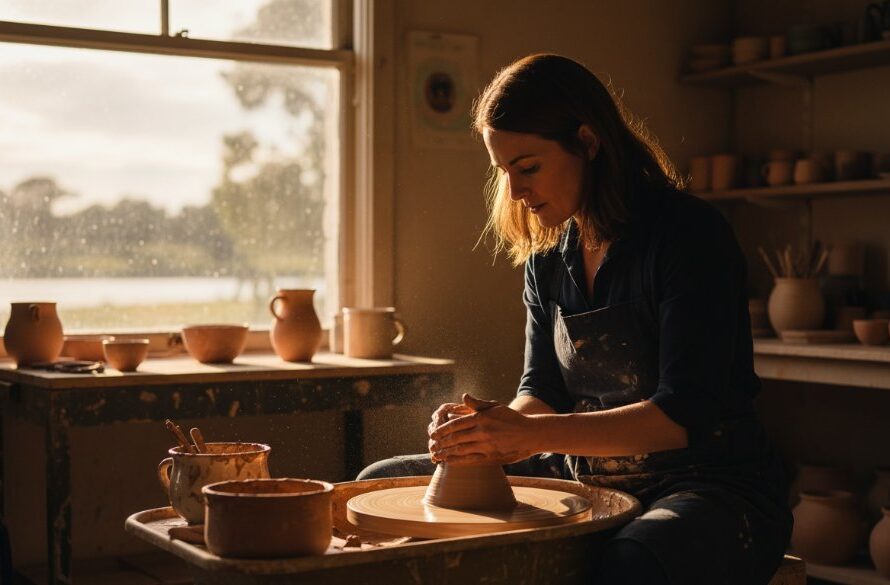 An epic moment captured in Swan Hill professional branding photography, featuring a dynamic local business owner confidently interacting with customers at their artisanal market stall, bathed in warm golden hour light near the Murray River, showcasing their brand's authenticity and community connection.