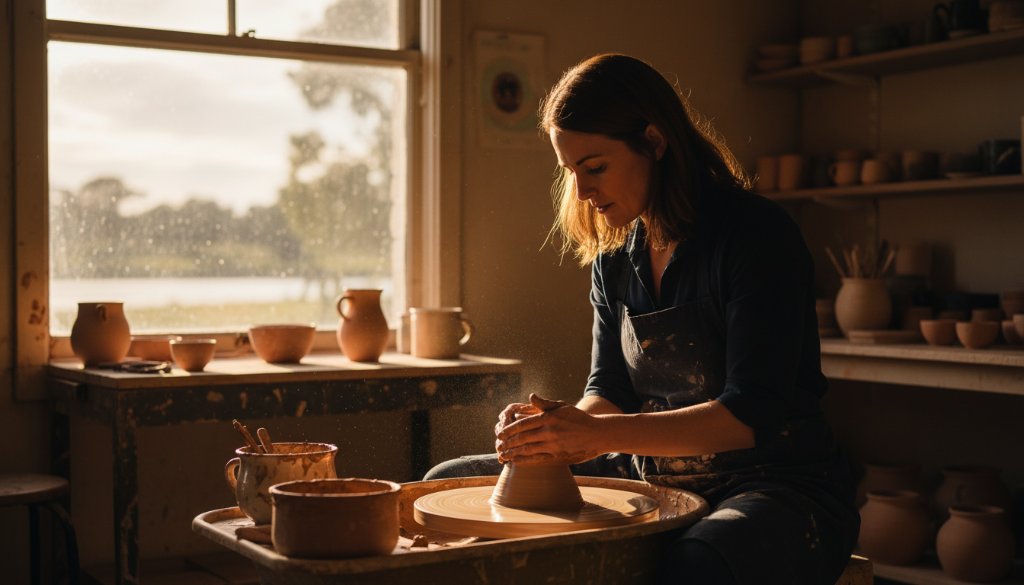 An epic moment captured in Swan Hill professional branding photography, featuring a dynamic local business owner confidently interacting with customers at their artisanal market stall, bathed in warm golden hour light near the Murray River, showcasing their brand's authenticity and community connection.