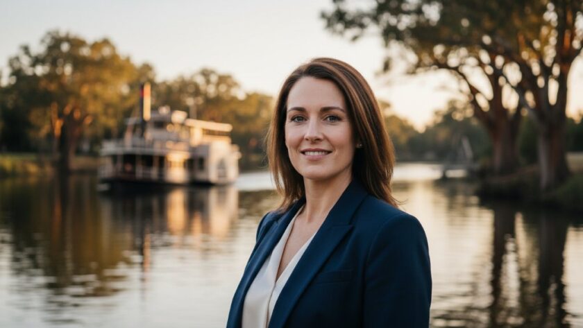 A professional headshot in Swan Hill for local business leaders, featuring a confident individual against a subtly blurred backdrop of the Murray River, captured at golden hour with dramatic, warm lighting, showcasing their approachable yet authoritative presence.