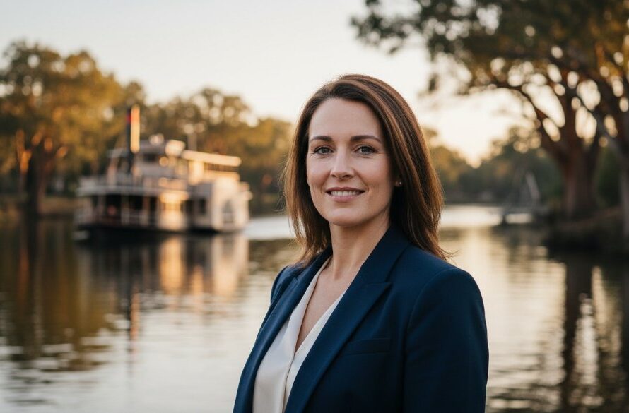 A professional headshot in Swan Hill for local business leaders, featuring a confident individual against a subtly blurred backdrop of the Murray River, captured at golden hour with dramatic, warm lighting, showcasing their approachable yet authoritative presence.