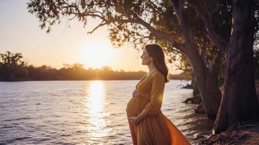 A radiant expectant mother, beautifully silhouetted against a golden hour sunset over the Murray River, during a Swan Hill riverside maternity photoshoot Victoria. Her hands gently cup her baby bump, with the soft, dramatic light creating a cinematic, ethereal glow around her, evoking a sense of peaceful anticipation and natural beauty. Professional colour grading.
