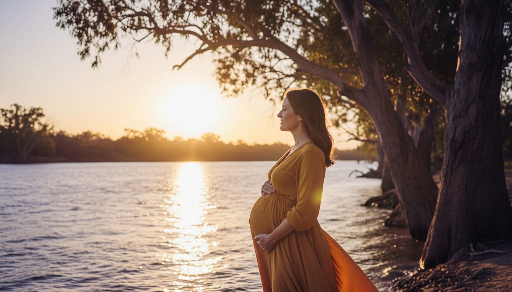 A radiant expectant mother, beautifully silhouetted against a golden hour sunset over the Murray River, during a Swan Hill riverside maternity photoshoot Victoria. Her hands gently cup her baby bump, with the soft, dramatic light creating a cinematic, ethereal glow around her, evoking a sense of peaceful anticipation and natural beauty. Professional colour grading.