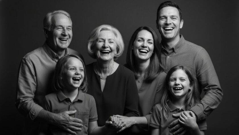 Dramatic black and white photograph of a family in a professional studio, showcasing their joyful connection, captured with expert lighting by Swan Hill Victoria professional studio portrait photography.