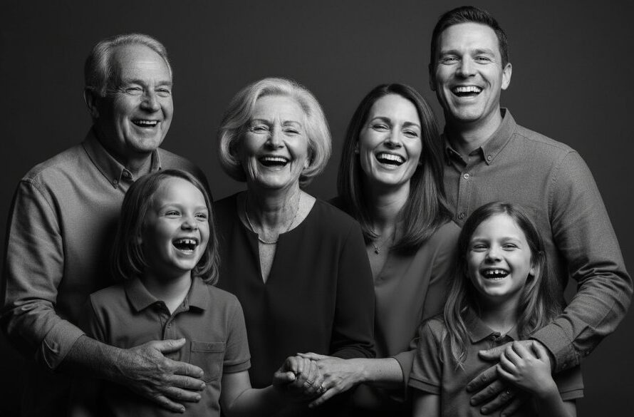 Dramatic black and white photograph of a family in a professional studio, showcasing their joyful connection, captured with expert lighting by Swan Hill Victoria professional studio portrait photography.