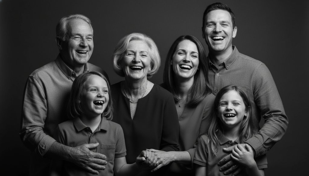 Dramatic black and white photograph of a family in a professional studio, showcasing their joyful connection, captured with expert lighting by Swan Hill Victoria professional studio portrait photography.