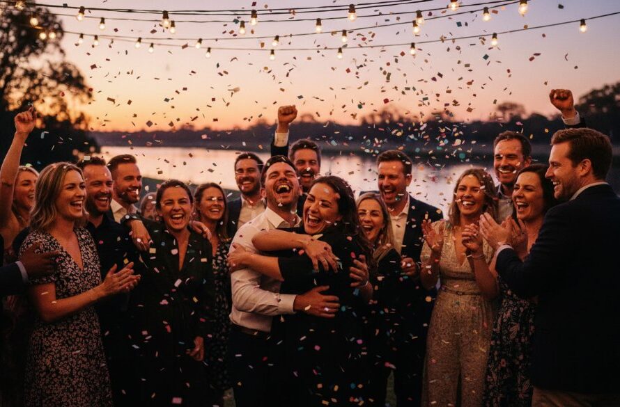 An epic moment of joyful celebration captured through Swan Hill Victoria vibrant party photography, showing guests laughing and dancing under twinkling lights at a festive outdoor event.