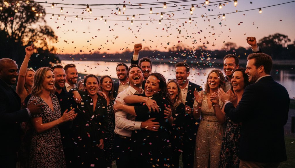 An epic moment of joyful celebration captured through Swan Hill Victoria vibrant party photography, showing guests laughing and dancing under twinkling lights at a festive outdoor event.