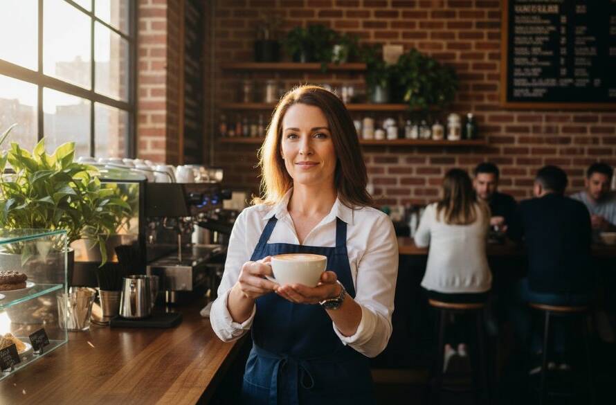 Dynamic wide shot capturing Sydenham commercial photography solutions for local businesses in action, showcasing a modern café owner proudly presenting their artisanal coffee in Sydenham, Victoria, bathed in warm, cinematic light.