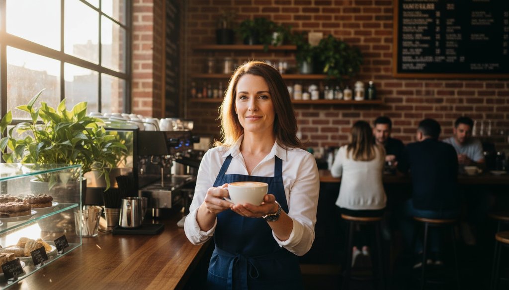 Dynamic wide shot capturing Sydenham commercial photography solutions for local businesses in action, showcasing a modern café owner proudly presenting their artisanal coffee in Sydenham, Victoria, bathed in warm, cinematic light.