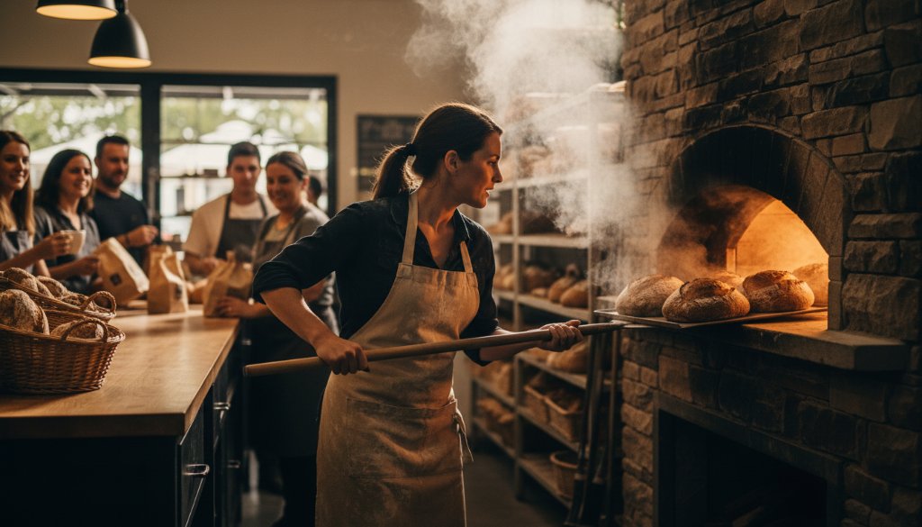 An epic moment captured through professional Sydenham Editorial Photography for Local Businesses, featuring a local café owner passionately preparing coffee for customers under warm, dramatic lighting, reflecting authentic community spirit.