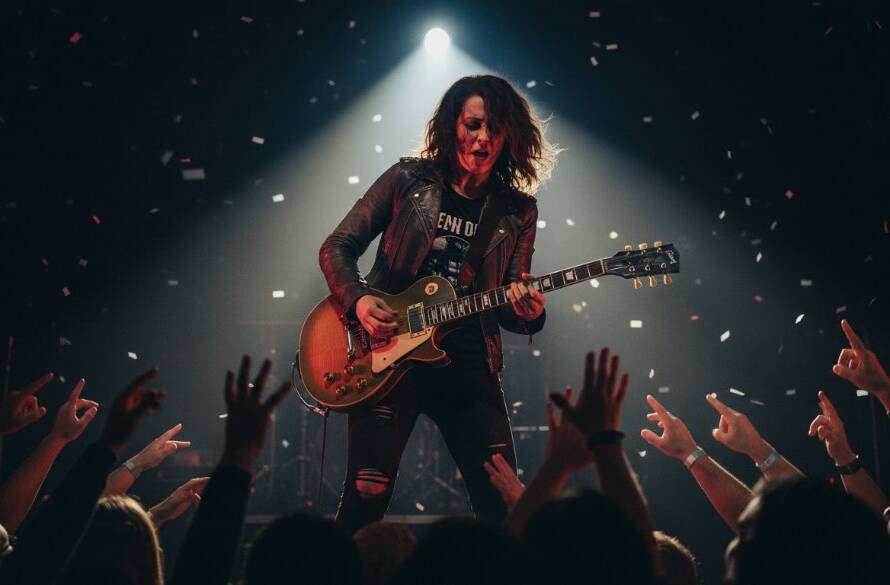 Dramatic wide-angle shot of a lead guitarist mid-solo under vibrant stage lights, capturing the raw energy of Sydenham live music photography unforgettable moments, with a cheering crowd blurred in the background.