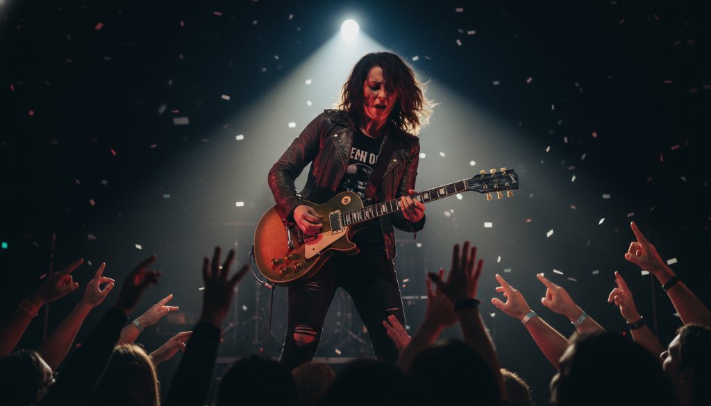 Dramatic wide-angle shot of a lead guitarist mid-solo under vibrant stage lights, capturing the raw energy of Sydenham live music photography unforgettable moments, with a cheering crowd blurred in the background.