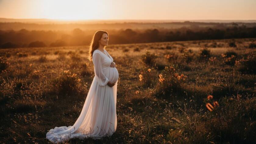 A glowing expectant mother embracing a serene moment during her Sydenham maternity outdoor photoshoot at sunset, with dramatic lighting and professional colour grading.