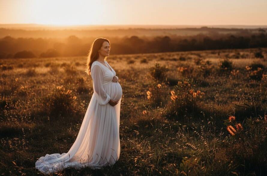 A glowing expectant mother embracing a serene moment during her Sydenham maternity outdoor photoshoot at sunset, with dramatic lighting and professional colour grading.