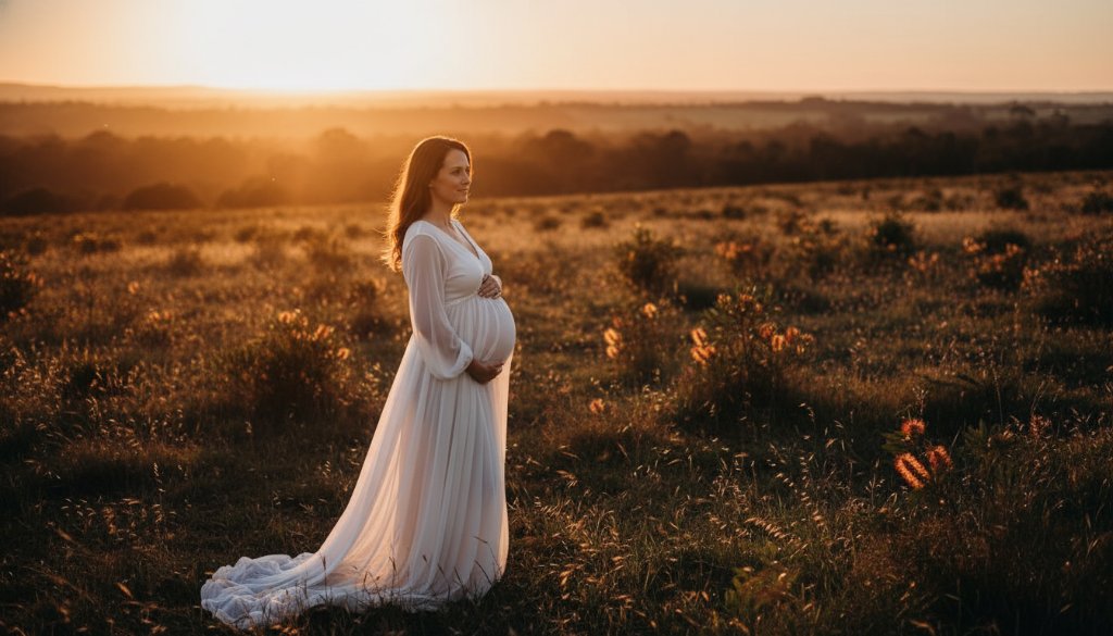 A glowing expectant mother embracing a serene moment during her Sydenham maternity outdoor photoshoot at sunset, with dramatic lighting and professional colour grading.