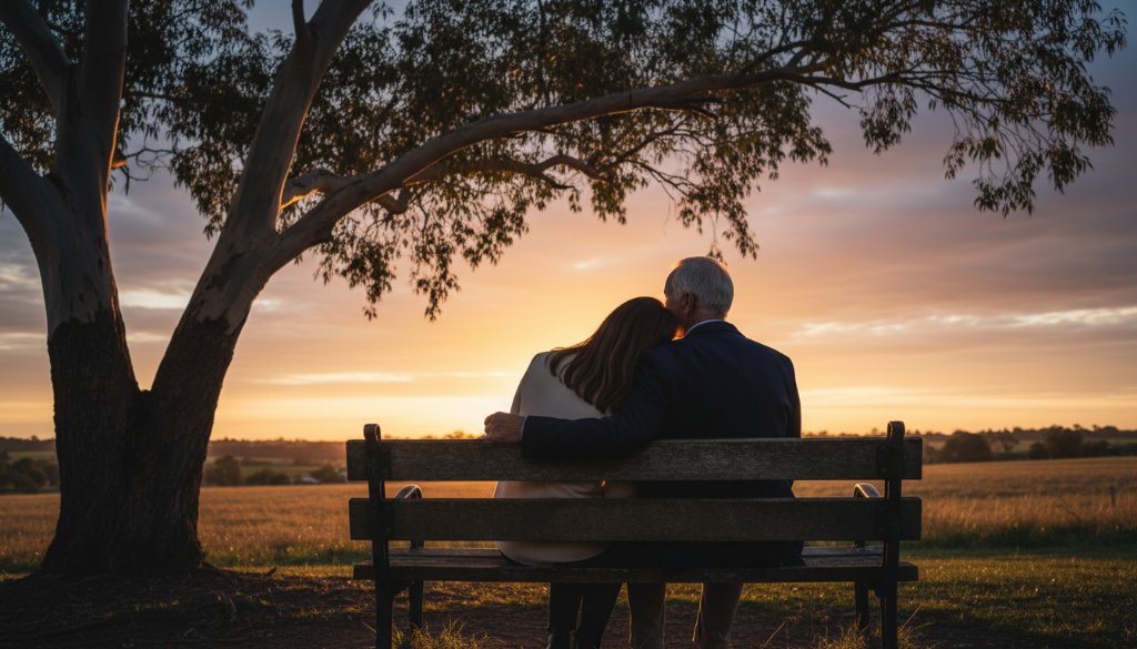 A breathtaking, emotionally charged Sydenham soulful fine art portrait photography moment featuring a mother embracing her child in dramatic, golden hour light near a historic homestead, embodying the deep connection captured by Image by SD.