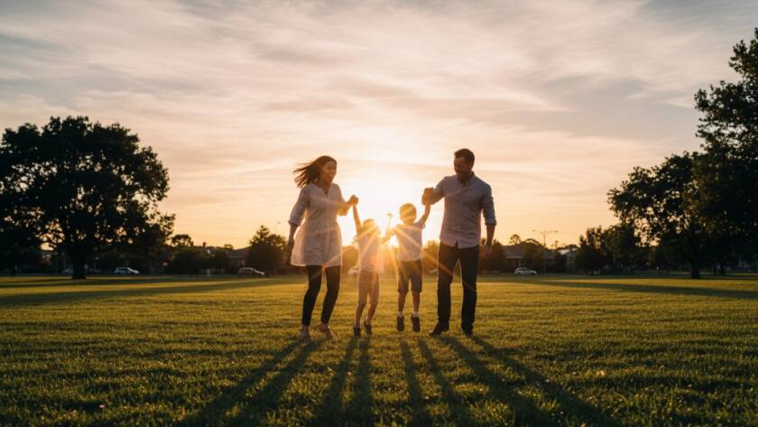 A heartwarming Sydenham Victoria candid family photography memories shot featuring a family laughing joyfully amidst the golden hour light in a Sydenham park, capturing a genuine, epic moment of connection.