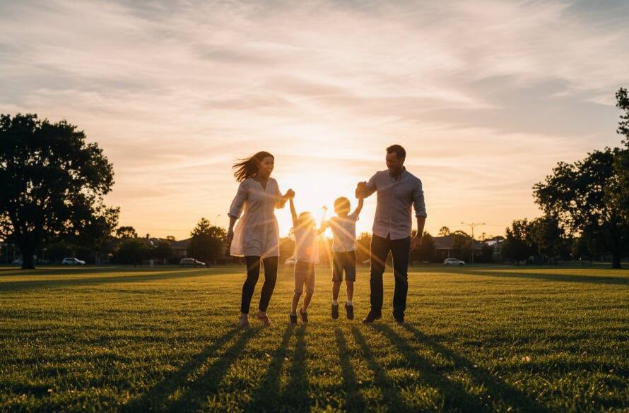 A heartwarming Sydenham Victoria candid family photography memories shot featuring a family laughing joyfully amidst the golden hour light in a Sydenham park, capturing a genuine, epic moment of connection.