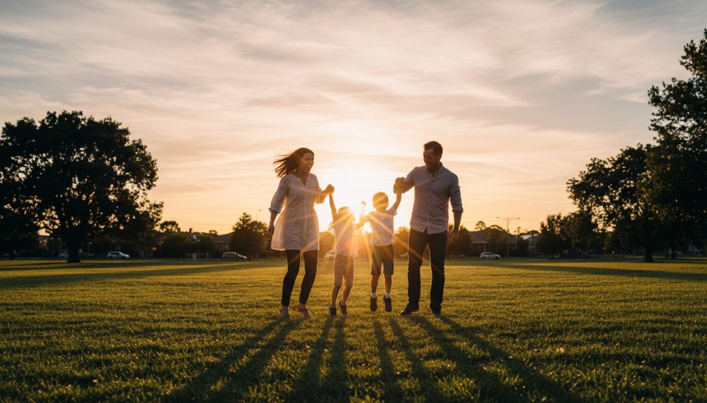 A heartwarming Sydenham Victoria candid family photography memories shot featuring a family laughing joyfully amidst the golden hour light in a Sydenham park, capturing a genuine, epic moment of connection.